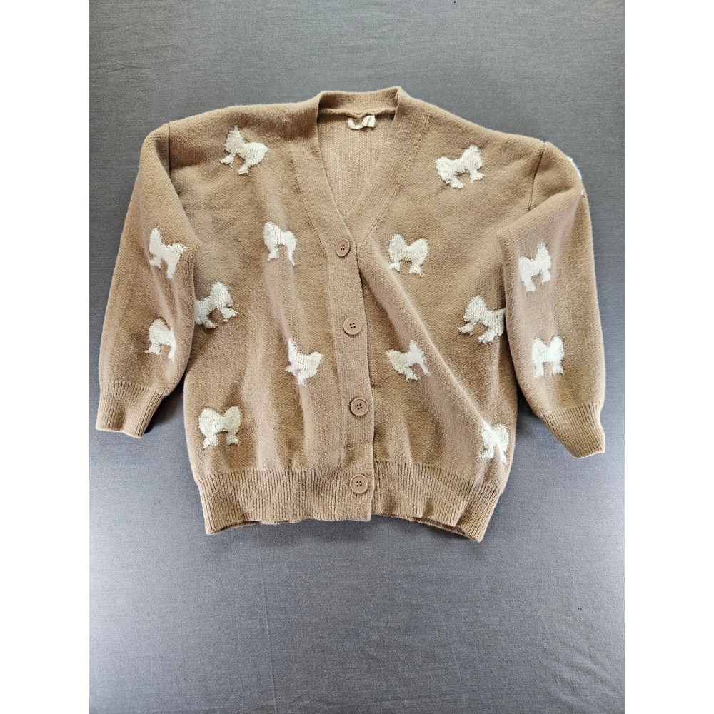 SASA Fashion Tan Bow Pattern Button Front V-Neck Cardigan Sweater Womens